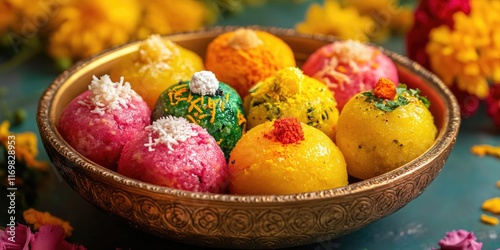 An assortment of colorful sweets in a golden bowl, commonly used for Indian festivals like Holi. photo