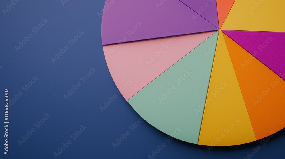 Fototapeta premium A colorful pie chart segmenting various sections, set against a blue background, showcasing vibrant colors and geometric shapes.
