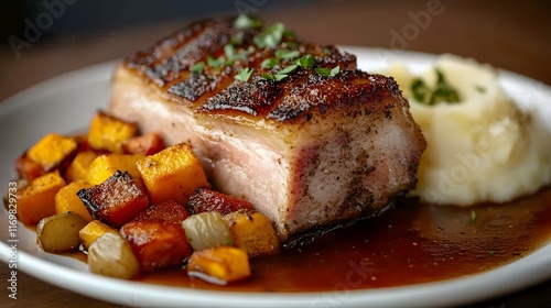 Flavorful Roast Pork Belly Marinated in Rich Spices with Creamy Mashed Potatoes and Vegetables