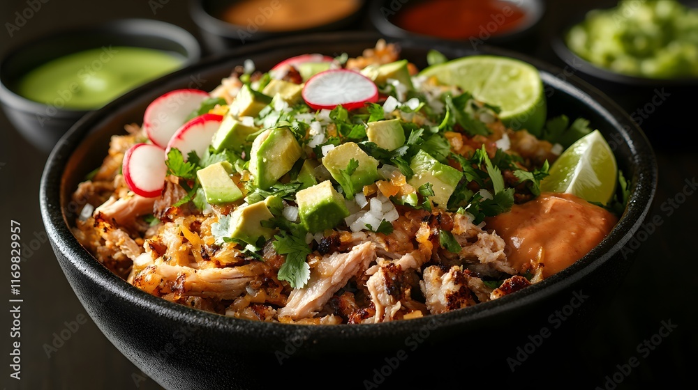 Indulging in Shredded Pork Carnitas: A Lavish Bowl of Fresh Ingredients and Zesty Flavors with Artistic Presentation Indulging in Shredded Pork Carnitas: A Lavish Bowl of Fresh Ingredients and Zesty Flavors with Artistic Presentation