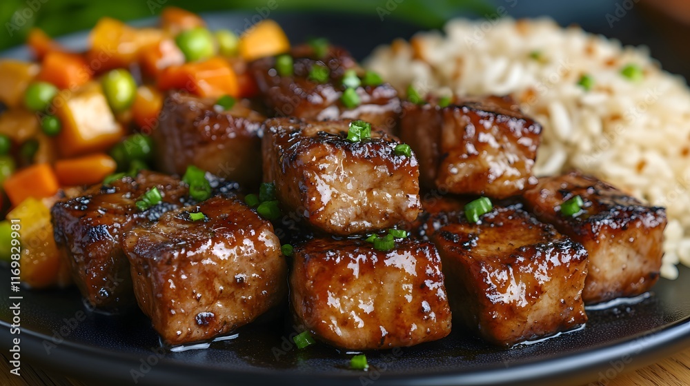 Mouth-Watering Close-Up of Cooked Pork Adobo with Garlic Fried Rice and Fresh Vegetables Mouth-Watering Close-Up of Cooked Pork Adobo with Garlic Fried Rice and Fresh Vegetables