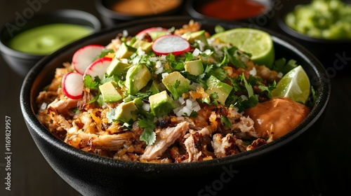 Indulging in Shredded Pork Carnitas: A Lavish Bowl of Fresh Ingredients and Zesty Flavors with Artistic Presentation
