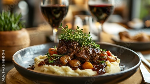 Exquisite Beef Bourguignon with Creamy Mashed Potatoes in a Warm Rustic Dining Environment