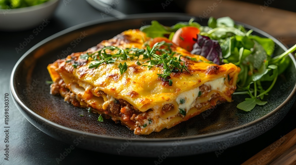 Savor an Elegant Plate of Beef Lasagna with Layers of Flavor and a Fresh Side Salad Savor an Elegant Plate of Beef Lasagna with Layers of Flavor and a Fresh Side Salad