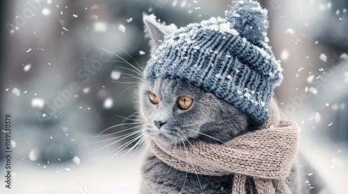 Beautiful gray cat out in the snow, AI generated image