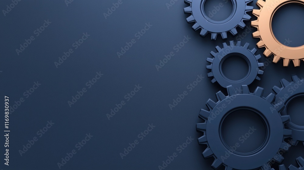 A close-up of interlocking gears in dark tones with one golden gear, symbolizing mechanics, productivity, and innovation on a blue background. A close-up of interlocking gears in dark tones with one golden gear, symbolizing mechanics, productivity, and innovation on a blue background.