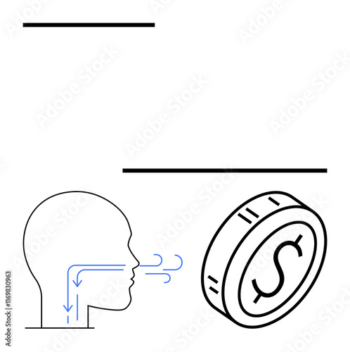 Head profile exhaling air toward dollar coin in abstract minimalist style. Ideal for wealth, economics, investments, financial planning, creativity, communication, abstract line flat metaphor