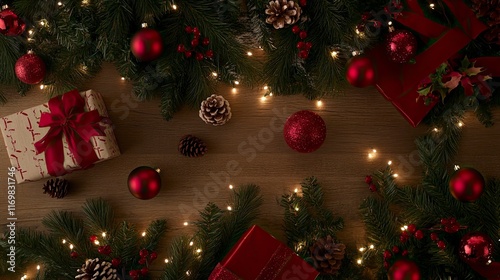 A festive arrangement of Christmas decorations, gifts, and greenery set on a wooden surface for a cozy holiday atmosphere.