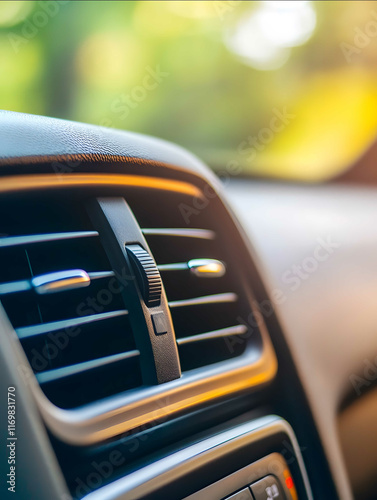 Closeup of an air conditioner in a modern car interior with the focus on the front panel and screen and a blurred background Car interior