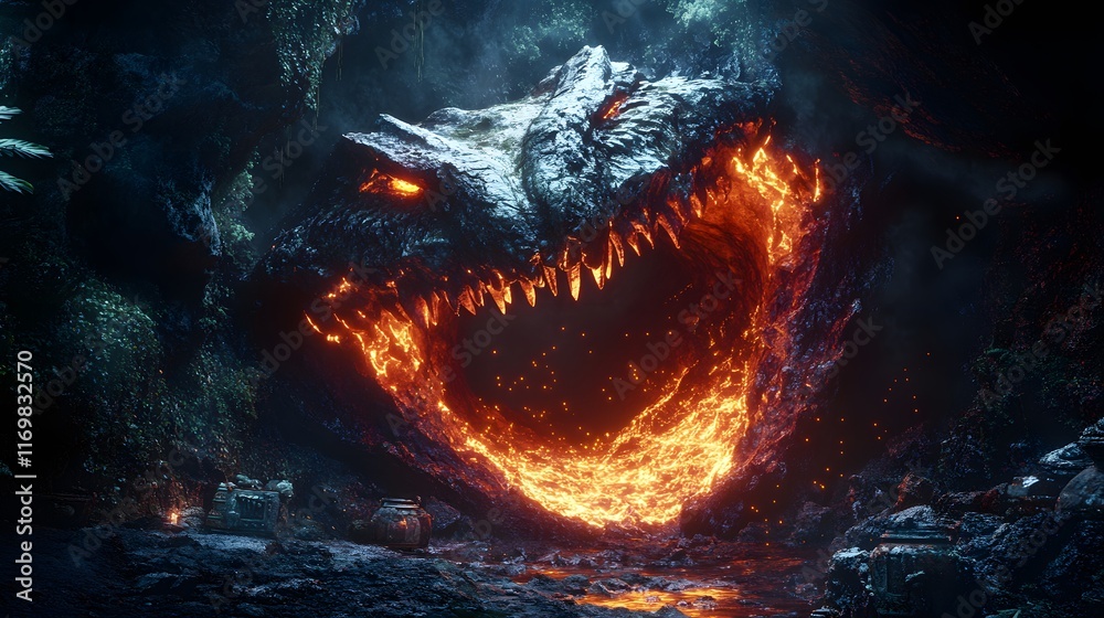 Naklejka premium A Captivating Fantasy Portal in the Form of Dragon Jaws, Emitting Fiery Energy in a Mysterious Shadowy Mountain Cave