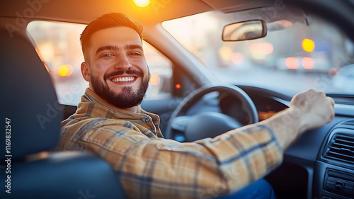 Capture a lively and candid moment inside an Uber car taken from the perspective of the windshield where the driver is smiling and talking with a passenger The dri