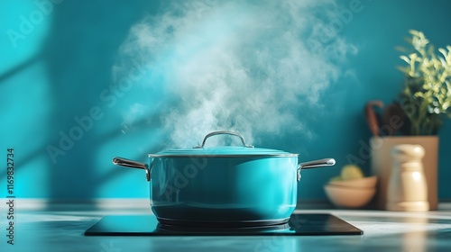 Wallpaper Mural A Stylish Turquoise Pot Emitting Steam on an Induction Cooktop Surrounded by a Minimalistic Teal Kitchen Aesthetic Torontodigital.ca