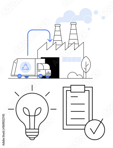 Recycling truck unloading materials at a factory with chimneys releasing steam, light bulb symbolizing ideas, and checklist with tick. Ideal for eco-friendly, sustainability, recycling, innovation