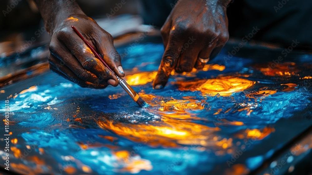 Obraz premium Creating a mesmerizing abstract painting with vibrant blue and orange hues as the artist's hands bring the canvas to life