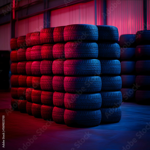 pyramid stack of formula one tyres no tread on tyres tyres in alternating colours of red and blue shot in warehouse environment Shot on a RED camera with cinematic l