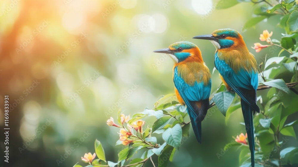 Fototapeta premium Colorful Birds Perched on Flowering Vine in Jungle