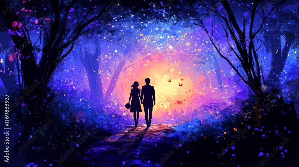 Fototapeta premium A Couple Walks Through A Magical Enchanting Forest