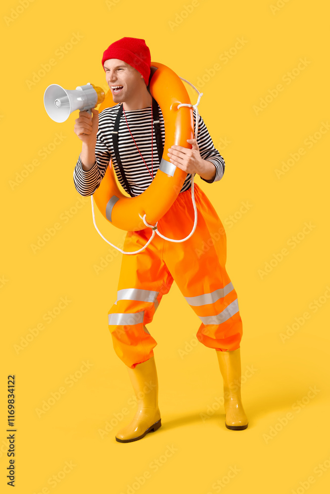 Male sailor with rescue ring shouting into megaphone on yellow background Male sailor with rescue ring shouting into megaphone on yellow background