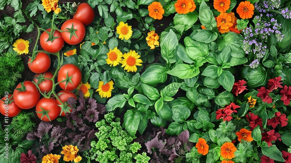 Naklejka premium a vibrant assortment of companion plants, including tomatoes with glossy red fruit, marigolds with bright orange and yellow blooms, and basil with intricate leaf veins.