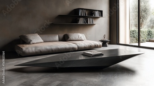 Modern living room with beige sofa, geometric coffee table, and bookshelves.