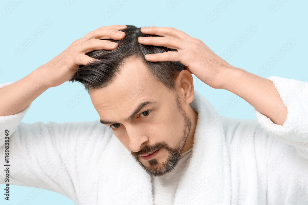 Young man with hair loss problem on blue background, closeup Young man with hair loss problem on blue background, closeup
