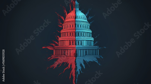 Illustration of us capitol with one half red and the other half blue, republicans vs democrats concept advertisement style,. Ethersea. Illustration photo