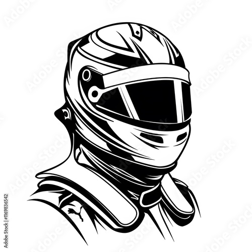 A stylized illustration of a racing drivers helmet and suit photo