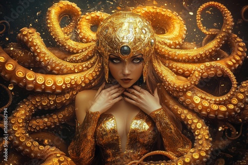 A contemporary depiction of a golden woman representing the Scorpio zodiac sign. photo