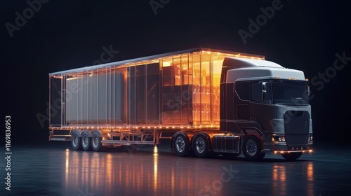 Transparent semi-truck trailer on dark background, glowing orange lights. photo