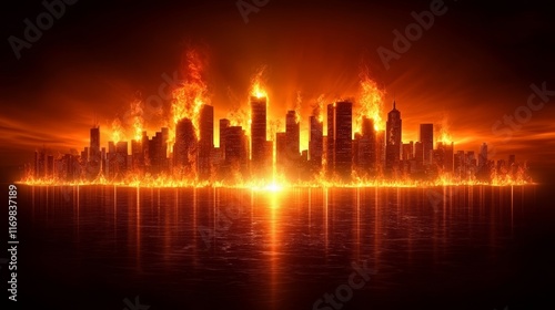 Intense urban fire, flames devouring building, glowing horizon, apocalyptic mood
