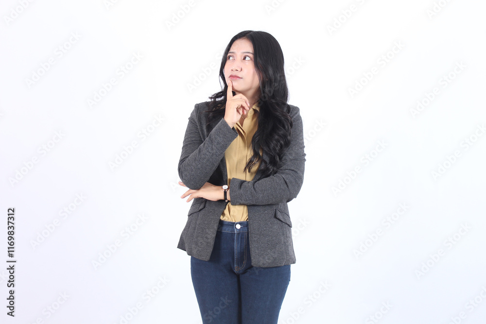 young Asian business woman in casual suit with finger holding chin young Asian business woman in casual suit with finger holding chin