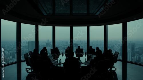Silhouetted Business Meeting with Panoramic City View