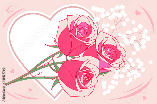 Pink Roses Bouquet Illustration - Wedding Romance, Hand-Drawn Sketch.