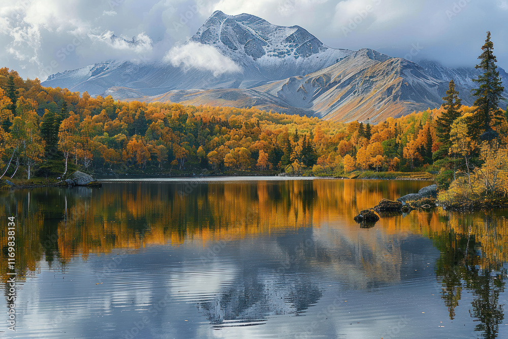 Fototapeta premium mountains and lake in autumn, 