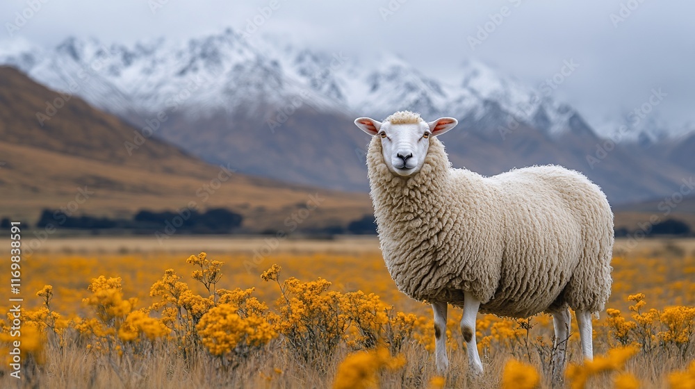 Fototapeta premium White Sheep Standing In Yellow Flowers Mountain Background