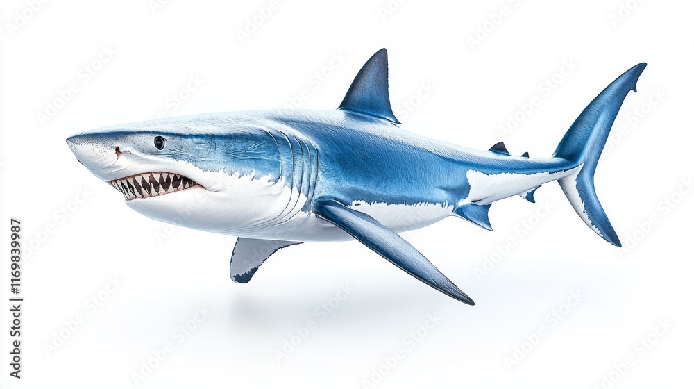 Aggressive shark with a menacing glare, detailed teeth and rough texture, floating against a pure white background, designed for advertising Aggressive shark with a menacing glare, detailed teeth and rough texture, floating against a pure white background, designed for advertising
