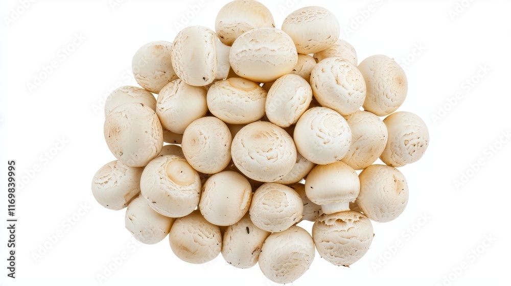 Fresh champignon mushrooms cluster, top-down view, realistic texture, balanced lighting, isolated on white background Fresh champignon mushrooms cluster, top-down view, realistic texture, balanced lighting, isolated on white background