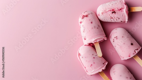 Fruity pink ice cream on a stick isolated on pink background. photo