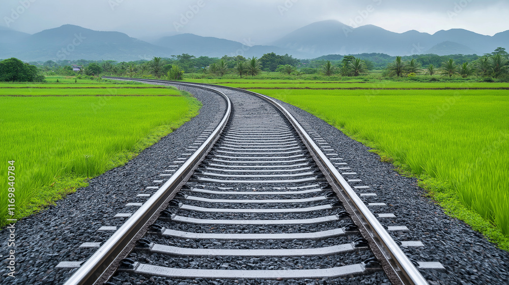 Fototapeta premium Railway Tracks Leading to Verdant Fields: A solitary set of railway tracks stretches towards a horizon painted with lush green fields and distant mountains, under a sky veiled in a gentle rain.