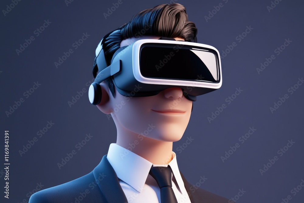 Man wearing a suit and tie is wearing a virtual reality headset. He is smiling and he is enjoying the experience Man wearing a suit and tie is wearing a virtual reality headset. He is smiling and he is enjoying the experience