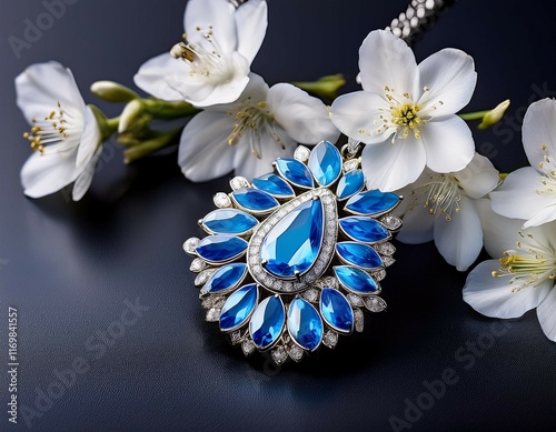 blue topaz necklace with white flowers on dark background photo