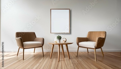 two room empty white chairs mockup design wall living wooden frame poster wooden chair interior room coffee table modern furniture home office empty white wall frame scandinavian design parquet floor photo