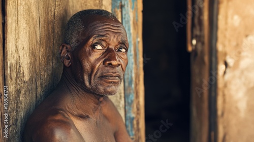 Portrait of an elderly man, possibly from a village living with extreme poverty. He is shirtless, looking tired and somber, which may suggest a life of hardship and daily struggle.