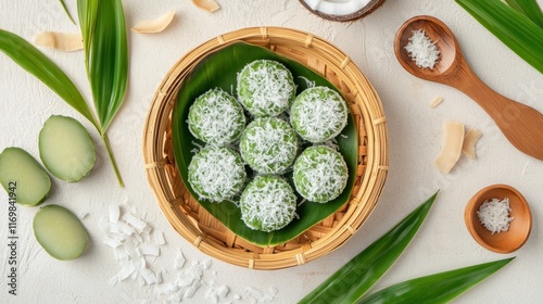 Delicious Pandan Kue Putu Ayu: Traditional Indonesian Sweet Treats,Served in a Bamboo Basket with Grated Coconut