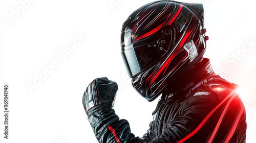 race car driver silhouette, dynamic celebration pose, close-up focus, helmet and victory stance, isolated on white background photo