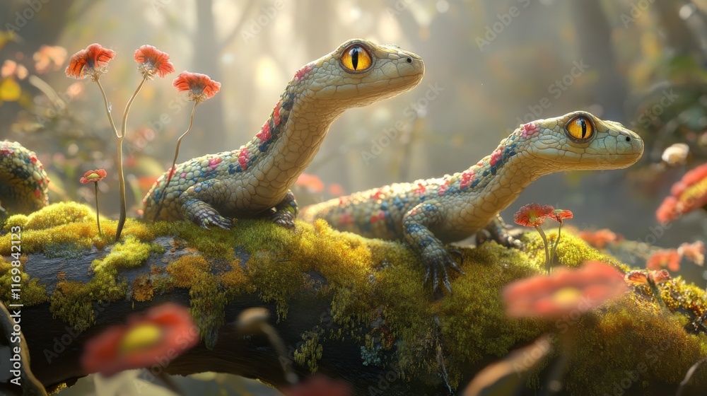 Reptiles on Mossy Branches in Jungle Scene Reptiles on Mossy Branches in Jungle Scene