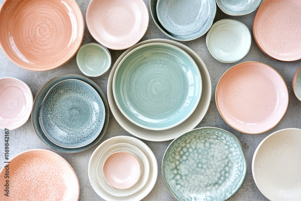 Collection of pastel-colored ceramic bowls and plates arranged on a neutral background. Perfect for a minimalist kitchen or dining setting. Collection of pastel-colored ceramic bowls and plates arranged on a neutral background. Perfect for a minimalist kitchen or dining setting.