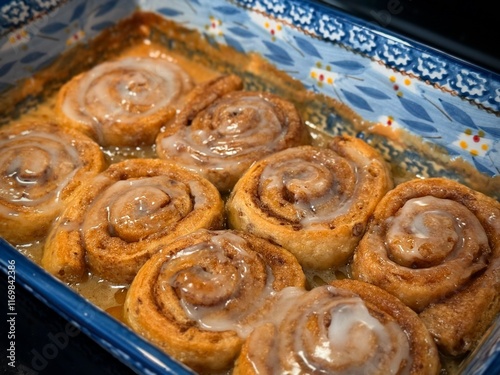 Delicious cinnamon rolls fresh from the oven topped with sweet icing glaze. Captured in a ceramic baking dish, these treats evoke warmth, comfort, and the joy of home baking moments.