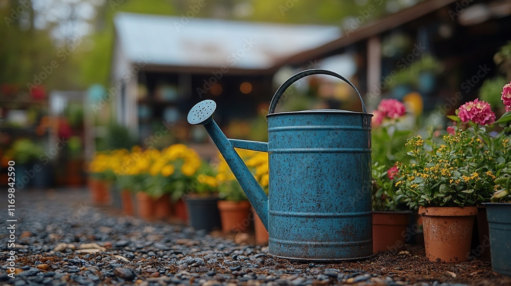 Weathered Blue Watering Can Amidst Blooming Flowers Weathered Blue Watering Can Amidst Blooming Flowers