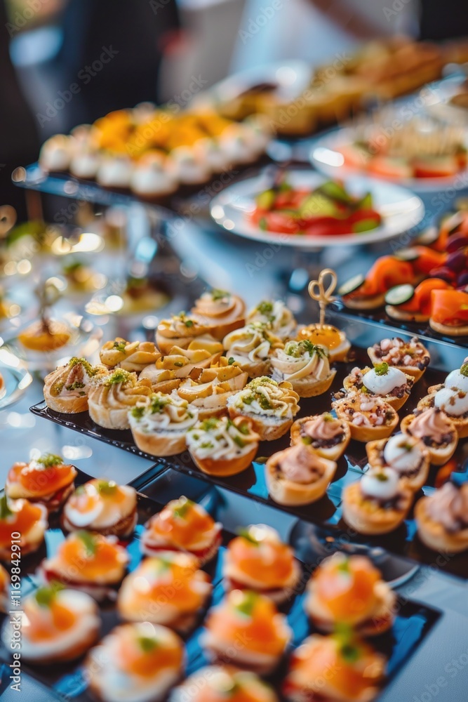 Cake stand with a variety of sweet and savory treats, including sushi rolls, mini sandwiches, cakes, pastries, and fruit skewers. Cake stand with a variety of sweet and savory treats, including sushi rolls, mini sandwiches, cakes, pastries, and fruit skewers.